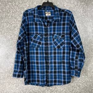 Open Trails Men's Blue Plaid Workwear Flannel Button Up Shirt - Size XL - Grunge